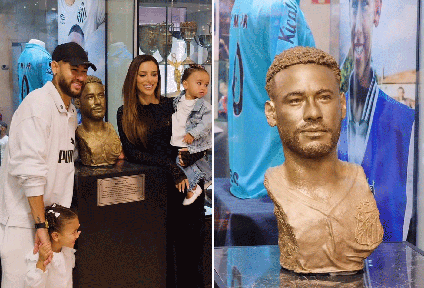 Neymar, Bruna Biancardi e filhas visitam museu do Santos para inauguração de estátua - QTU Questões do Universo