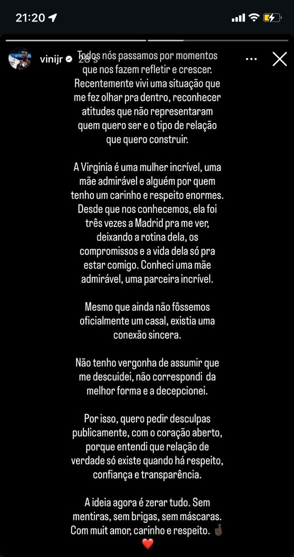 Vini Jr se pronuncia — Foto: Reprodução/Instagram