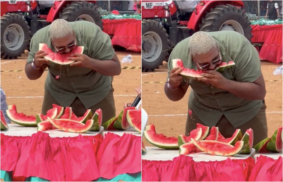 Paulo Vieira come mais melancias em menos tempo e vence competição — Foto: Reprodução