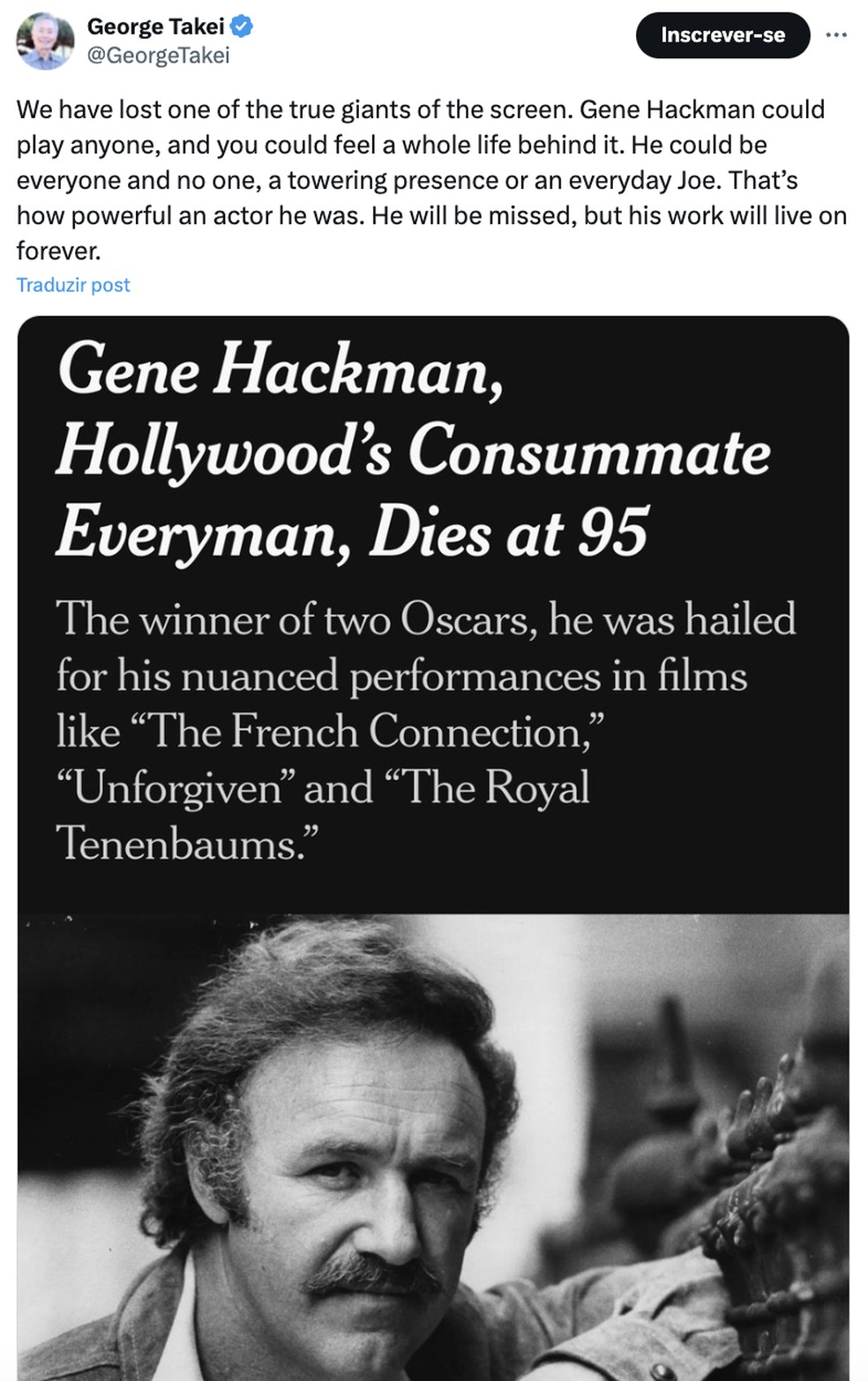 George Takei lamenta a morte de Gene Hackman — Foto: Reprodução/X