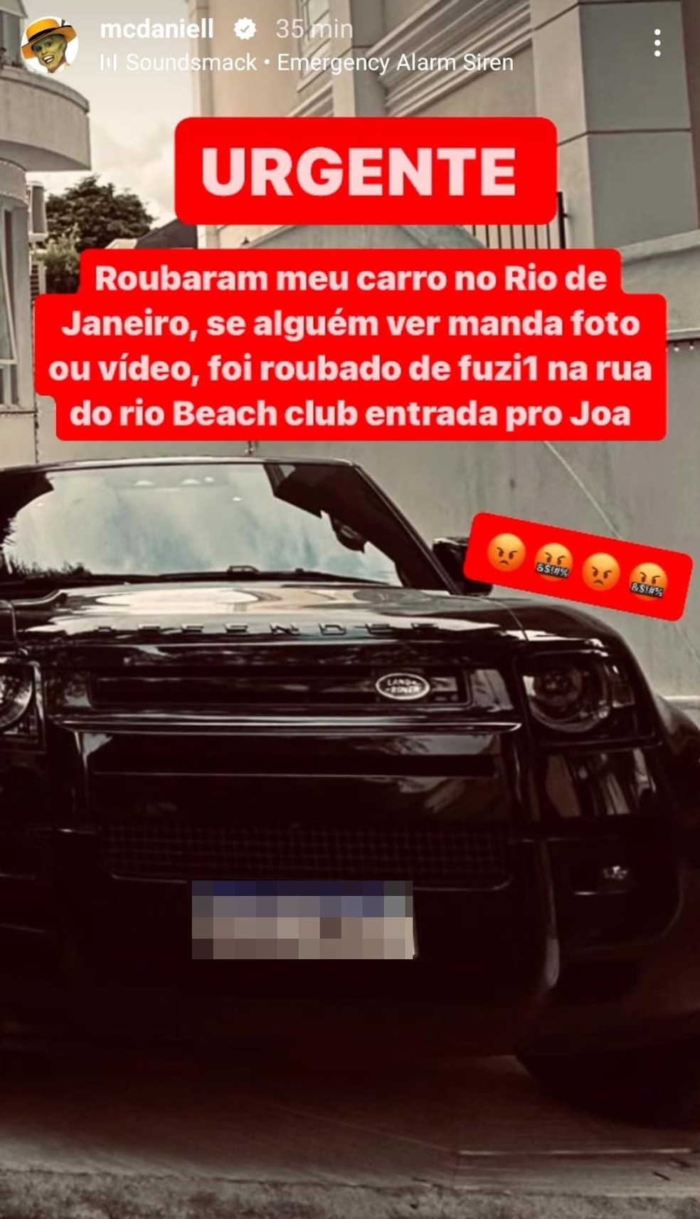 MC Daniel tem carro de mais de R$ 700 mil roubado e oferece recompensa — Foto: Reprodução/Instagram