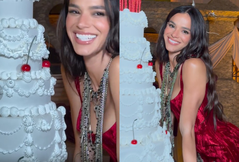 Bruna Marquezine troca de roupa em sua festa de 30 anos e posa ao lado de  bolo gigante; vídeo