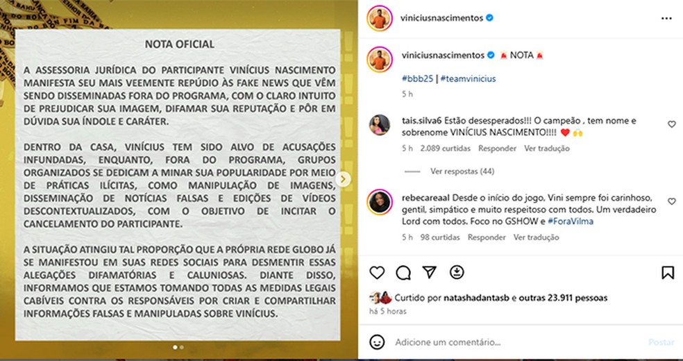 Assessoria jurídica de Vinícius Nascimento, do BBB 25, divulga nota sobre medidas legais contra fake news e difamação contra o brother — Foto: Reprodução/Instagram