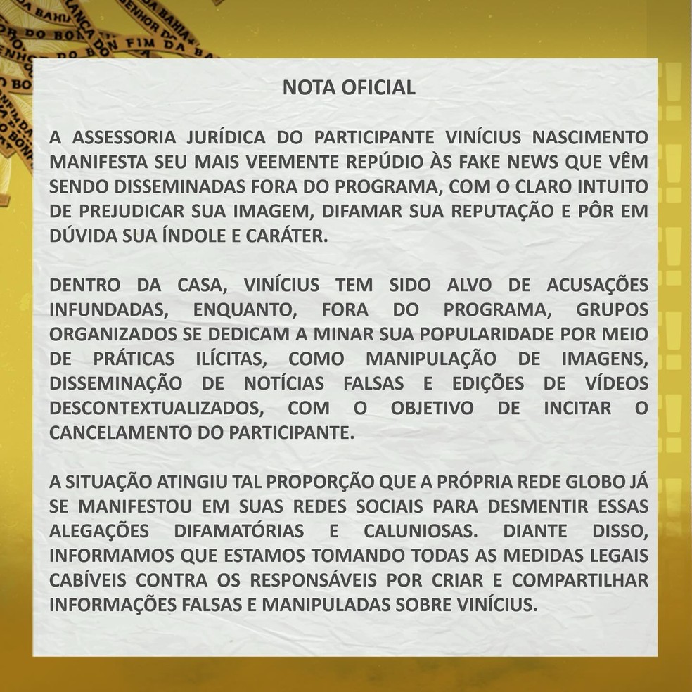 Assessoria jurídica de Vinícius Nascimento, do BBB 25, divulga nota sobre medidas legais contra fake news e difamação contra o brother — Foto: Reprodução/Instagram