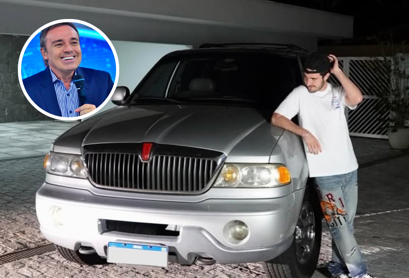 João Augusto Liberato posa ao lado do New Beetle amarelo, carro favorito de seu pai, Gugu Liberato