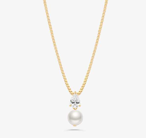 Pingente Harmonia em Prata 925 com Banho de Ouro Amarelo 18K com Pérola e Pedra Incolor