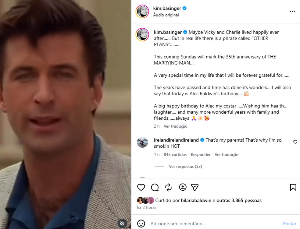 Atriz parabeniza Alec Baldwin com filme em que se apaixonaram e atual ...