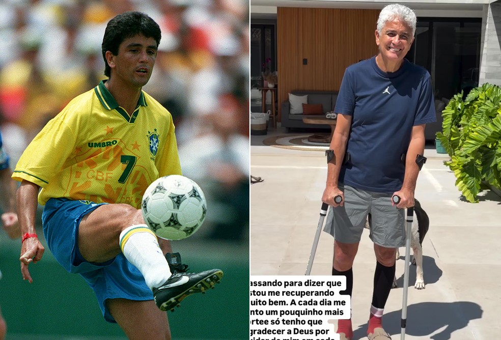 Bebeto na Copa do Mundo 1994, quando o Brasil foi tetra, e em 2026 — Foto: Getty Images e Reprodução/Instagram