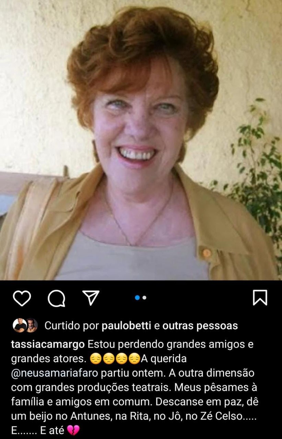 Tássia Camargo lamenta a morte de Neusa Maria Faro — Foto: Reprodução/Instagram