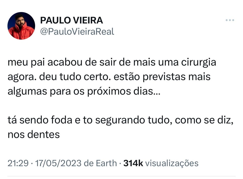 Tweet de Paulo Vieira — Foto: Reprodução/Twitter