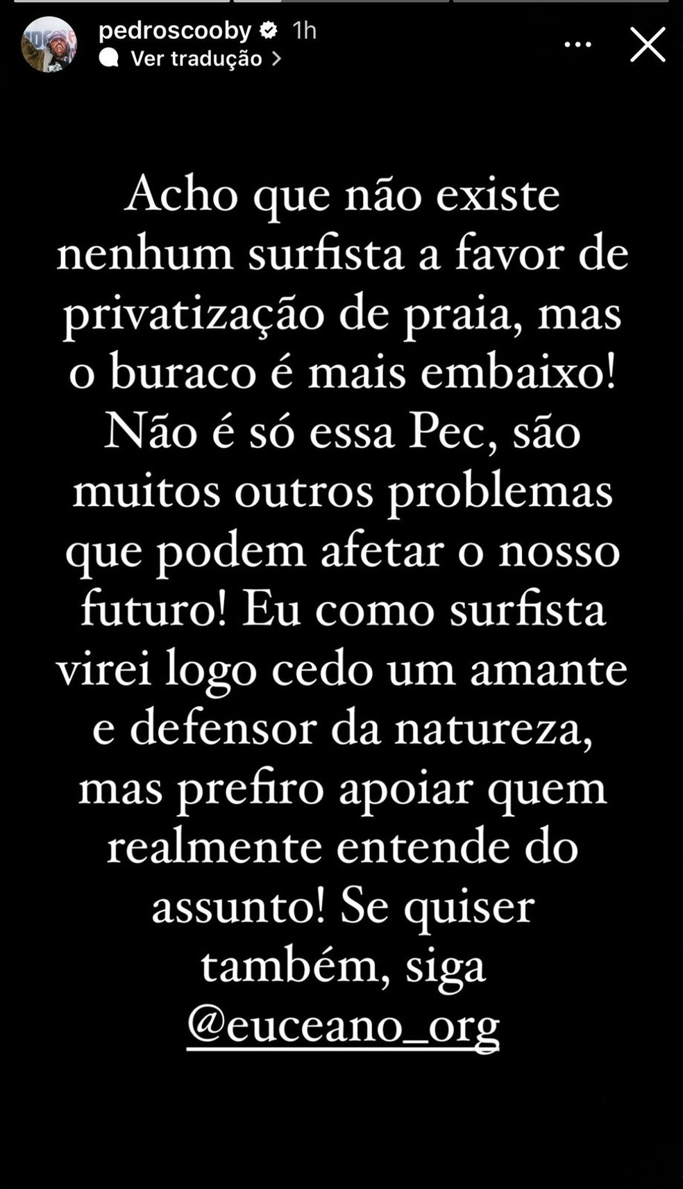 Mensagem de Pedro Scooby nos seus stories — Foto: Reprodução/Instagram Stories