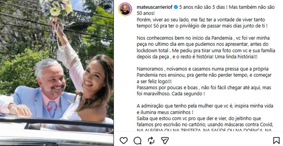 Mateus Carrieri e Day Ribeiro Carrieri completam cinco anos de casamento — Foto: Reprodução/Instagram