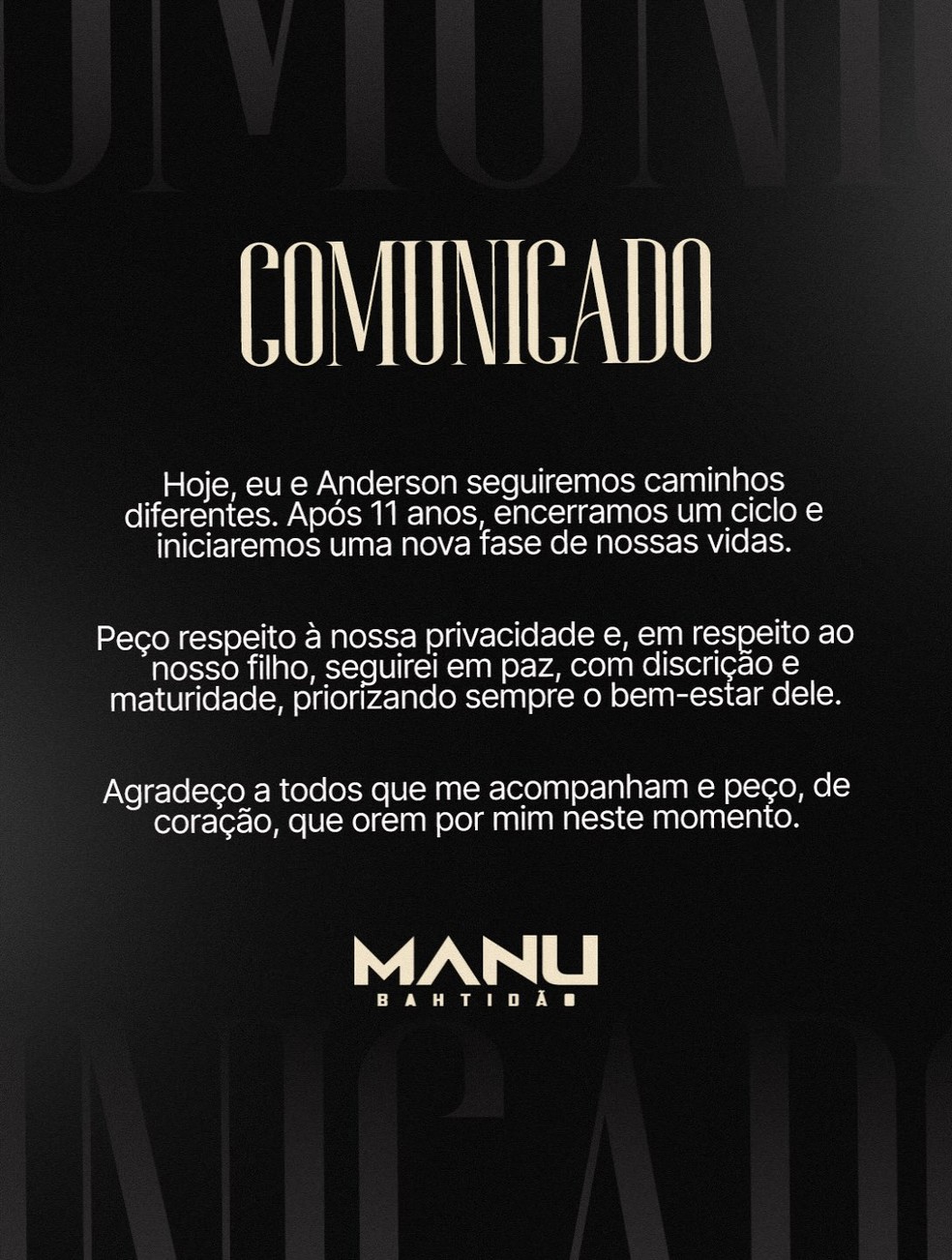 Manu Bahtidão anuncia fim de casamento com Anderson Halliday — Foto: Reprodução/Instagram