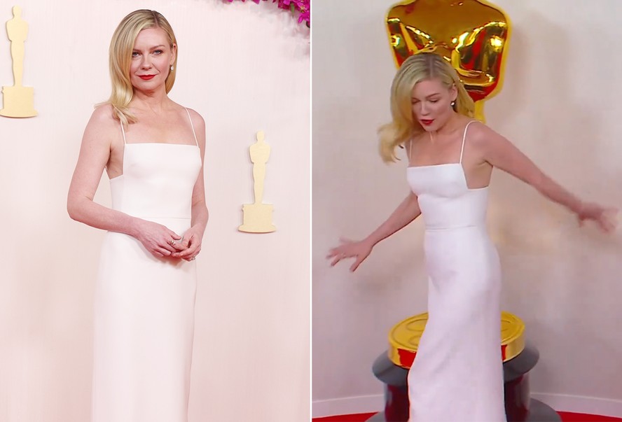 Kirsten Dunst tropeça em estatueta decorativa do Oscar no tapete vermelho