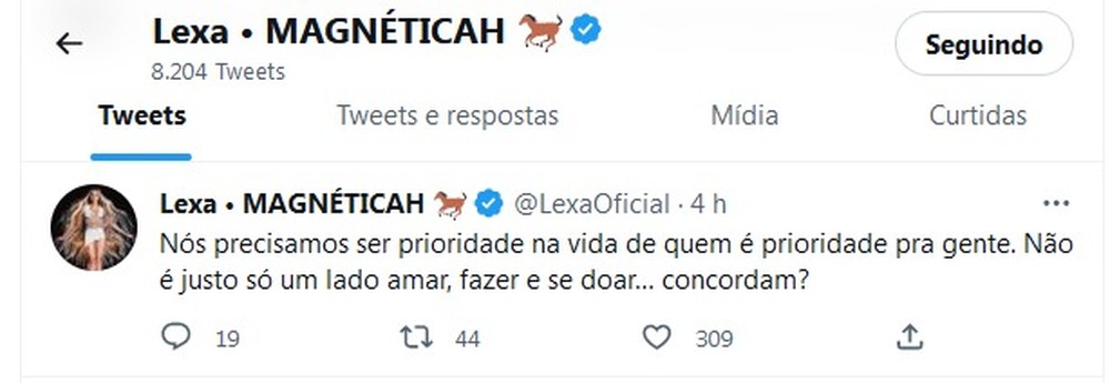 Solteira, Lexa reflete sobre vida amorosa: 'Não é justo só um lado amar'