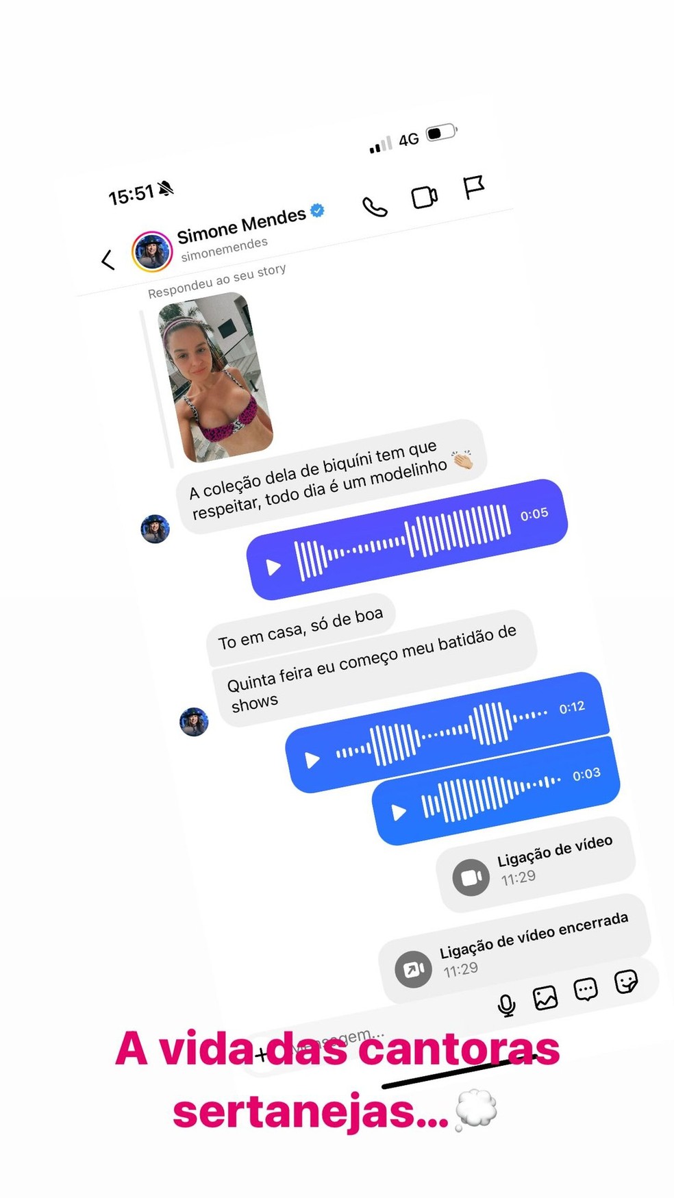 Maiara compartilhou prints de conversas com Simone Mendes — Foto: Reprodução/Instagram