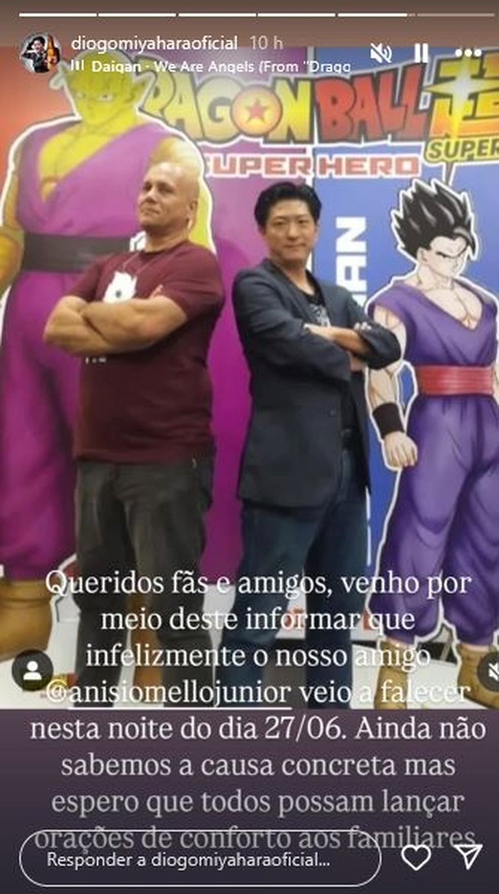 Diogo Miyahara confirma a morte de Anísio Mello Júnior — Foto: Reprodução/Instagram