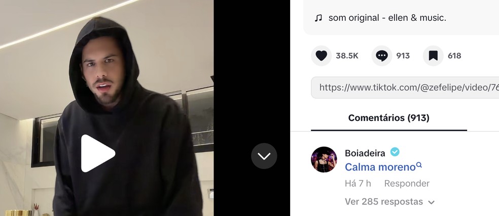 Ana Castela chama Zé Felipe de 'moreno' — Foto: Reprodução/Instagram