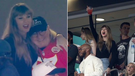 Taylor Swift assiste a jogo de Travis Kelce abraçada com suposta sogra e ao lado de famosos