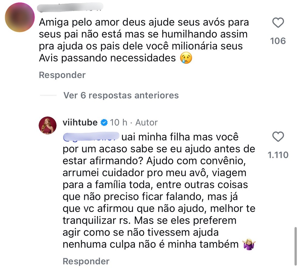 Comentário de Viih Tube — Foto: Reprodução/Instagram