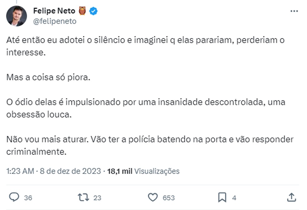 Felipe Neto volta a denunciar ameaças de morte à sua família — Foto: X/Twitter