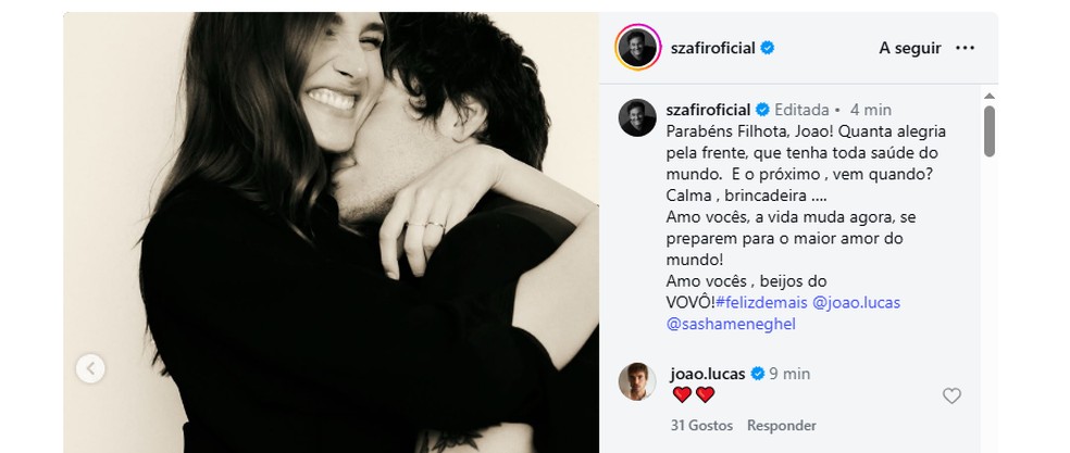 Luciano Szafir reage a gravidez de Sasha — Foto: Reprodução/Instagram