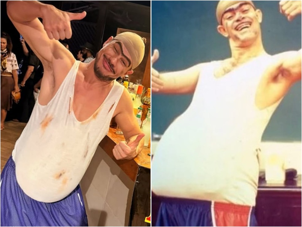 José Loreto se vestiu como Seu Boneco, personagem interpretado por Lug de Paula na 'Escolinha do Professor Raimundo' na década de 1990 — Foto: Reprodução/Instagram e Cedoc/Globo
