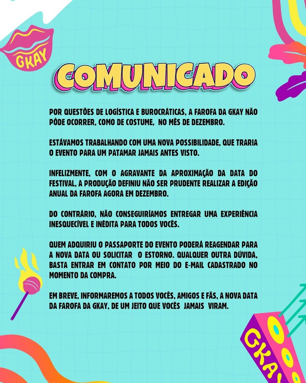 Farofa da Gkay é adiada — Foto: Reprodução/Instagram