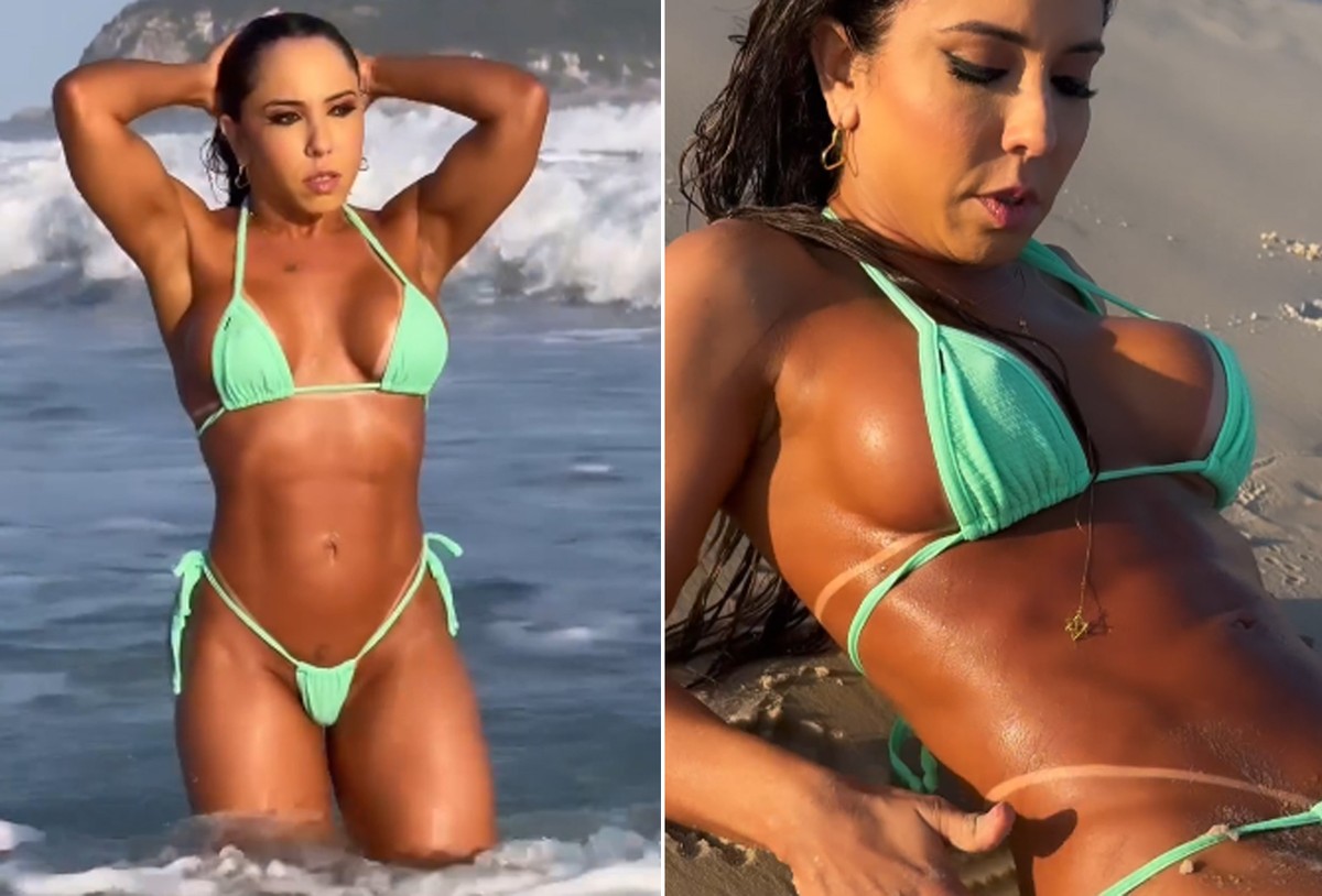 De fio-dental, Mulher Melão aumenta a temperatura em dia de praia; vídeos