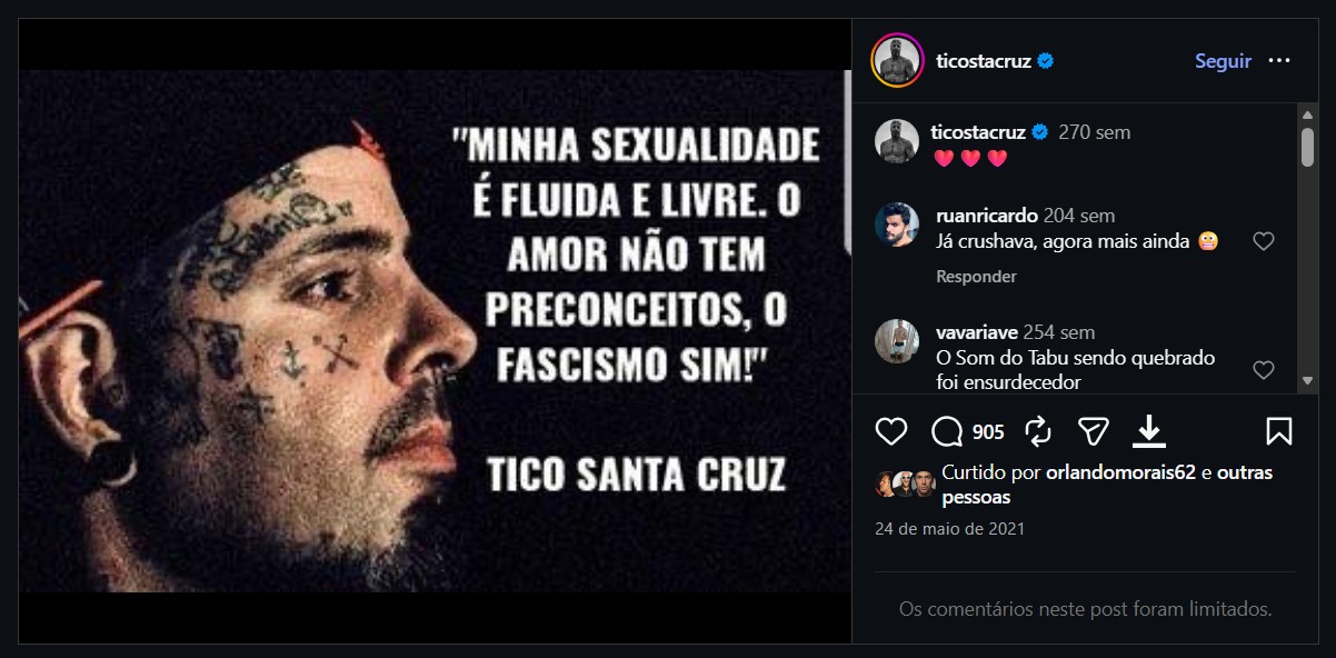 Tico Santa Cruz volta atrás sobre sexualidade fluida e admite engano: 