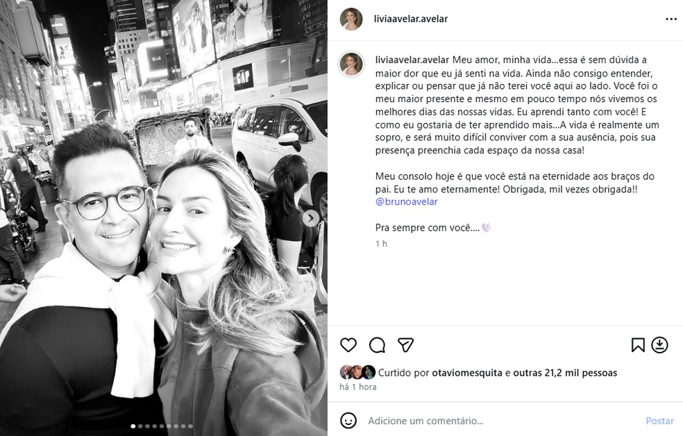 Lívia Avelar, viúva de Bruno Avelar, empresário que morreu em helicóptero que estava cantor Rick, presta homenagem — Foto: Reprodução/Instagram