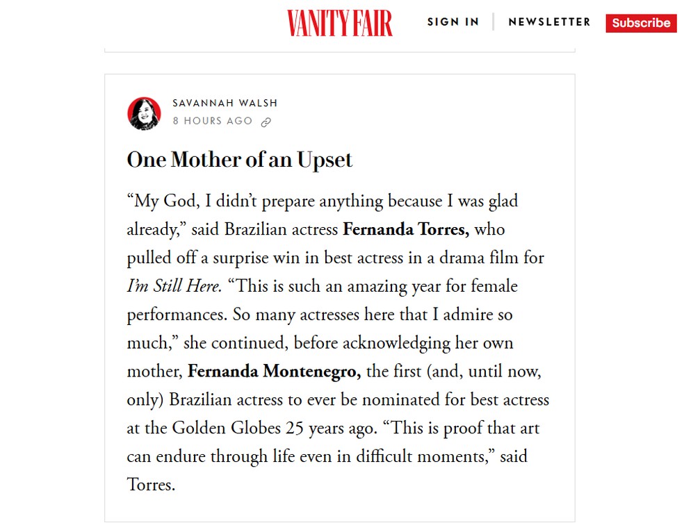 Revista Vanity Fair repercute vitória de Fernanda Torres no Globo de Ouro — Foto: Reprodução/Vanity Fair