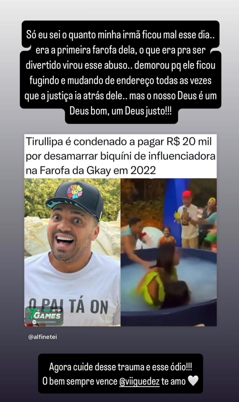Lucas Guedez comenta condenação de Tirullipa por desamarrar biquíni de sua irmã na 'Farofa da Gkay' — Foto: Reprodução/Instagram