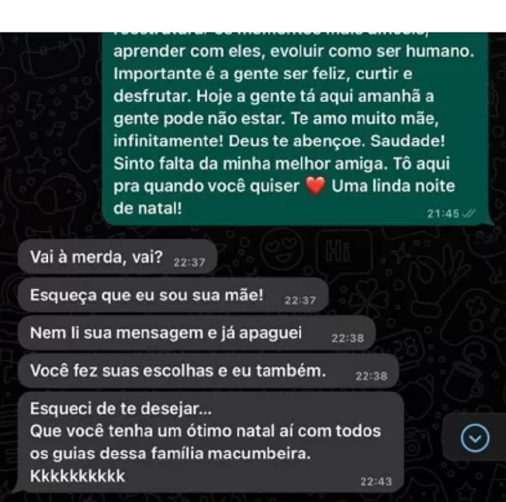 Print com trecho da conversa entre Larissa Manoela e a mãe, Silvana Taques, na noite de 24 de dezembro de 2022 — Foto: Reprodução