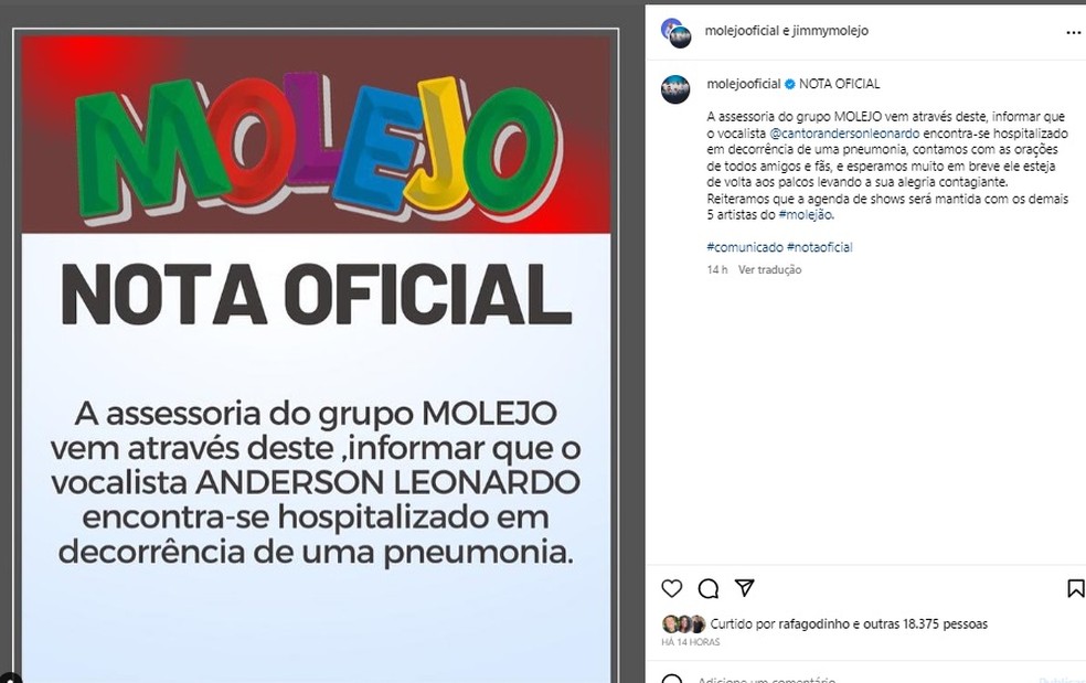 Assessoria de imprensa divulga nota sobre a saúde do cantor Anderson Leonardo, vocalista do grupo Molejo — Foto: Reprodução/Instagram