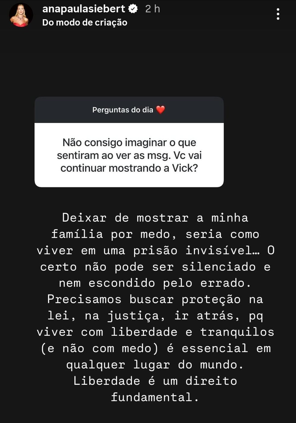 Ana Paula Siebert responde seguidores no Instagram — Foto: Reprodução/Instagram