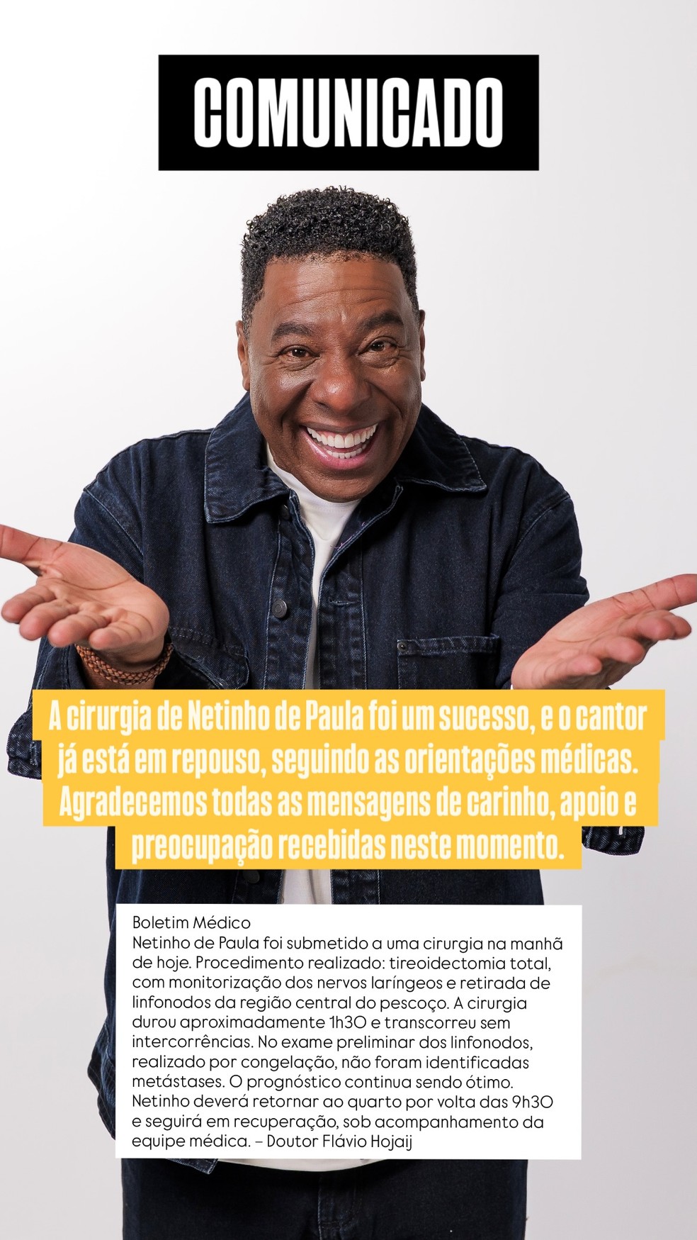 Comunicado da equipe de Netinho de Paula — Foto: Reprodução/Instagram