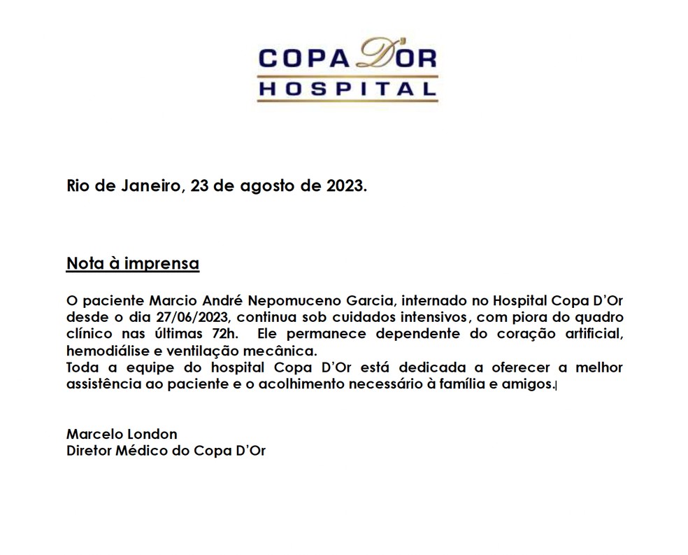 Boletim médico de Mc Marcinho — Foto: Hospital Copa D’Or