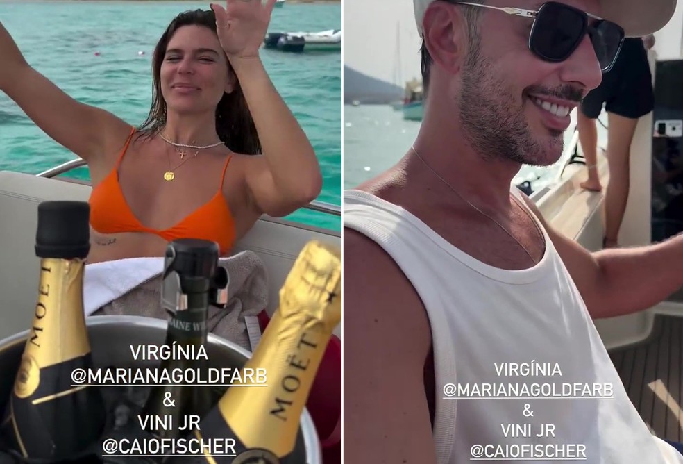 Mariana Goldfarb e Caio Fischer, que estão na Sardenha, brincam sobre serem Virginia e Vini Jr, que também estão na região italiana — Foto: Reprodução/Instagram