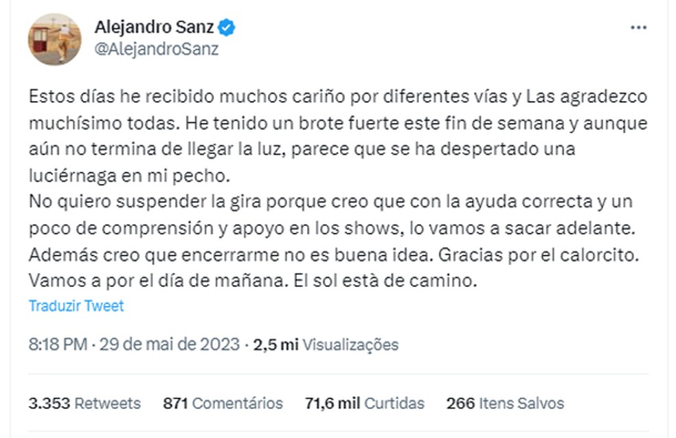 Alejandro Sanz agradece apoio de fãs após desabafo sobre saúde mental — Foto: Twitter