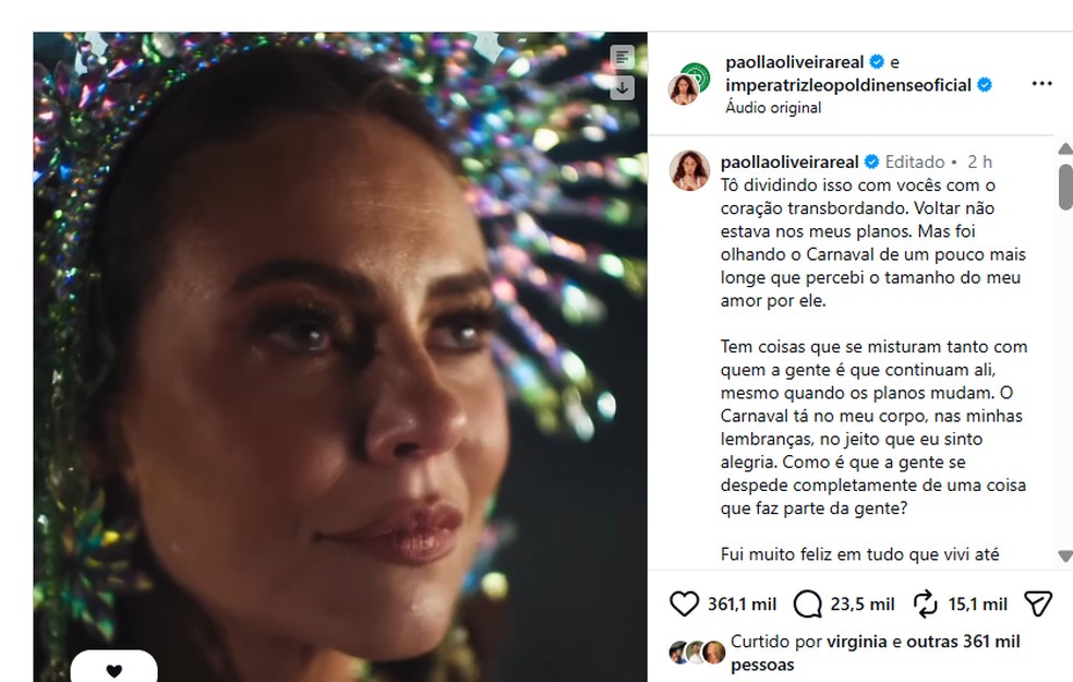 Curtida de Virginia no anúncio de Paolla Oliveira como nova Rainha de Bateria da Imperatriz — Foto: Reprodução/Instagram