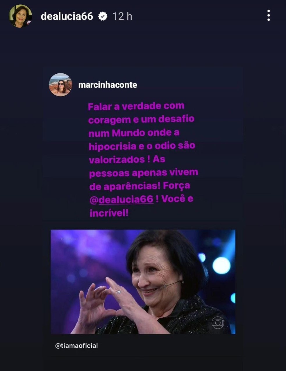 Déa Lúcia posta mensagens de apoio após polêmica com Yasmin Brunet, do BBB 24 — Foto: Reprodução/Instagram