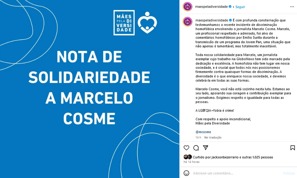 ONG Mães pela Diversidade manifesta apoio a Marcelo Cosme — Foto: Reprodução/Instagram