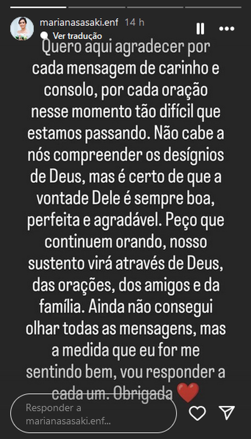Viúva se pronuncia nas redes — Foto: Reprodução/Instagram