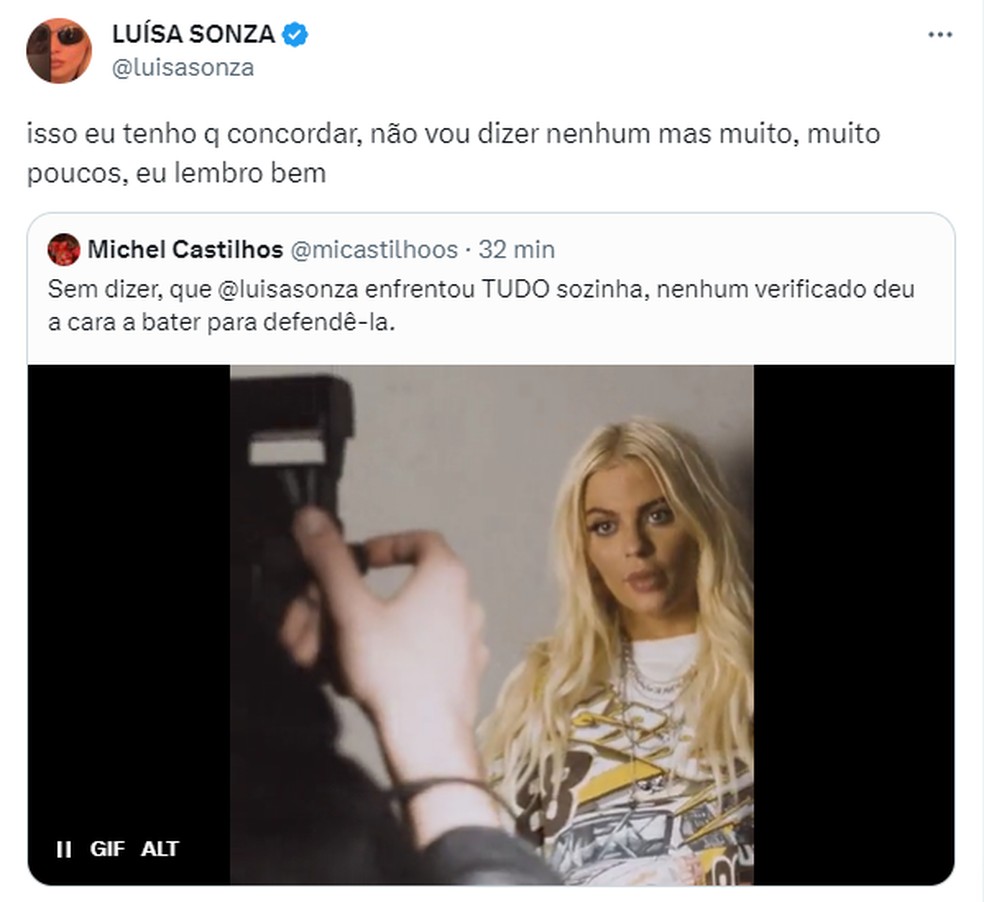 Luísa Sonza relembra falta de apoio de famosos em acusações de traição — Foto: Twitter