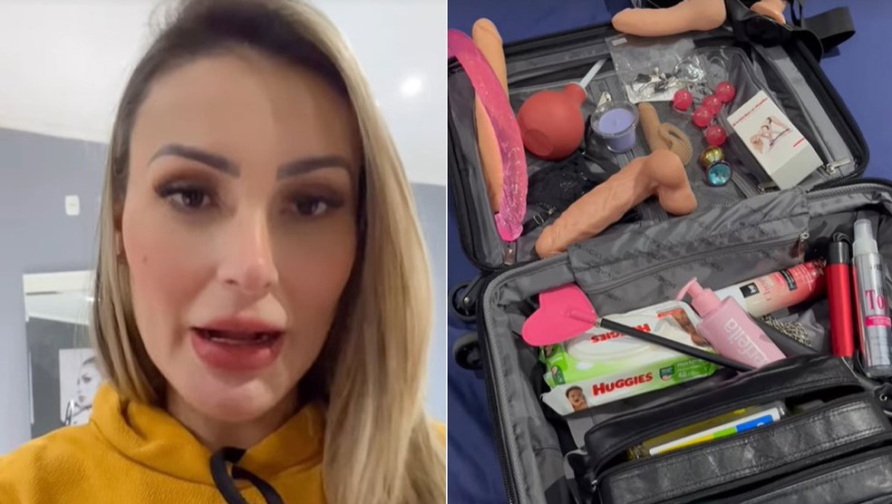 Andressa Urach mostra mala com objetos para usar na hora do sexo — Foto: Reprodução