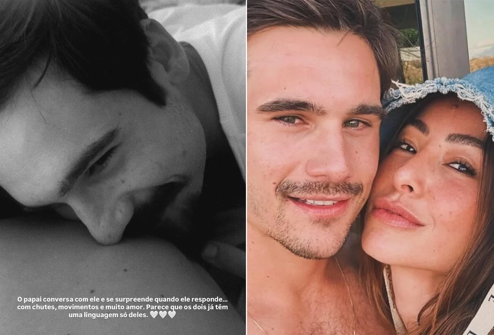 Nicolas Prattes posa coladinho ao barrigão de Sabrina Sato enquanto conversa com o filho — Foto: Reprodução/Instagram