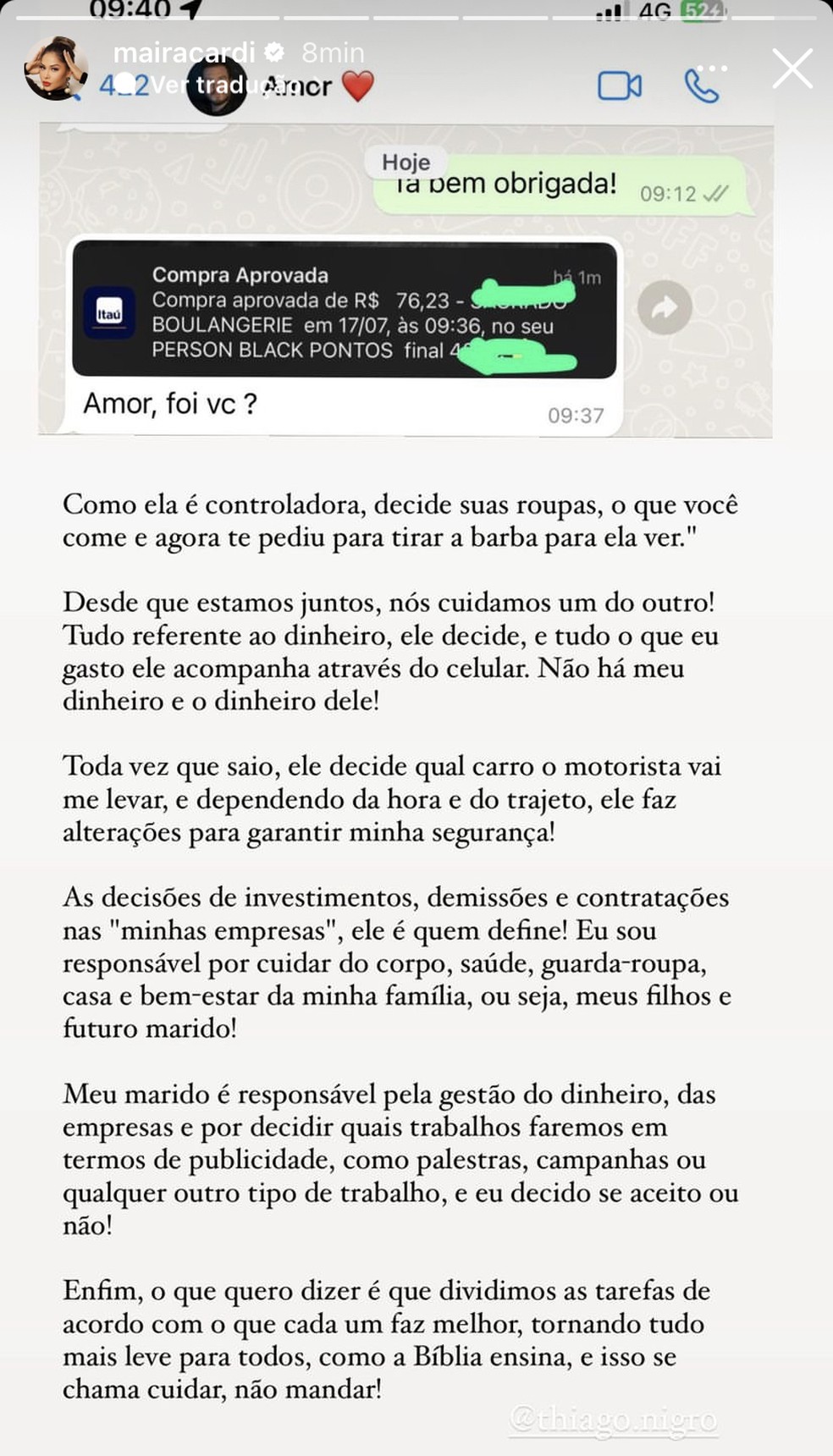 Ma&iacute;ra Cardi comenta fama de controladora com o noivo, Thiago Nigro, o "Primo Rico" &mdash; Foto: Reprodu&ccedil;&atilde;o / Instagram
