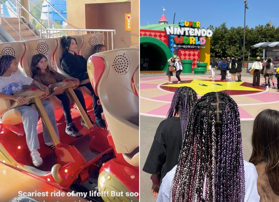 Kim Kardashian levou os filhos e os sobrinhos para Osaka, no Japão, para curtir o parque temático da Nintendo