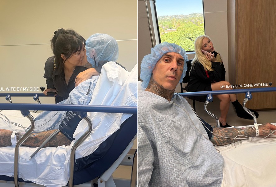 Travis Barker com a esposa, Kourtney Kardashian, e a filha, Alabama Barker